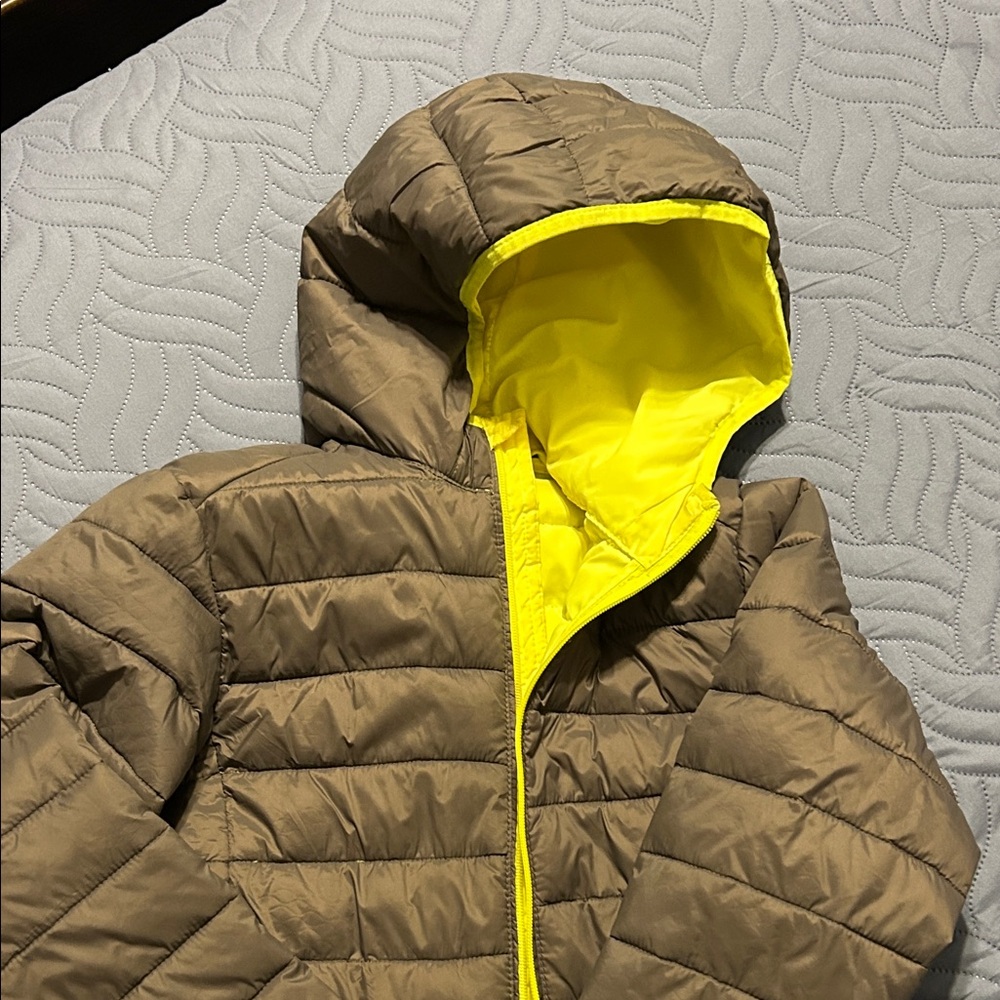 Amazon Essentials Kids Tan and Yellow Hooded Puffer Jacket